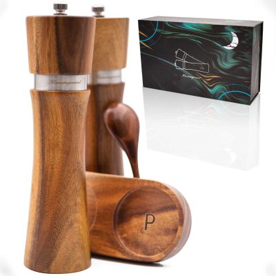 Gift box set of acacia wood salt and pepper grinders with ceramic mechanism, wooden tray, and included scoop - natural wood grain visible