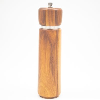 Acacia wood pepper grinder with ceramic grinding mechanism for salt and spices, showing natural wood grain texture