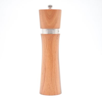 Acacia wood pepper grinder with ceramic grinding mechanism for salt and spices, showing natural wood grain texture