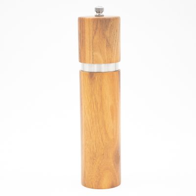 Acacia wood pepper grinder with ceramic grinding mechanism for salt and spices, showing natural wood grain texture.
