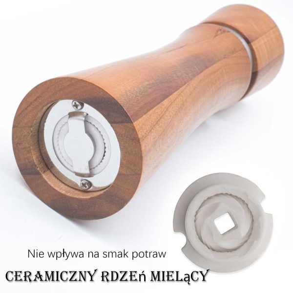 Drewniane młynki do soli i pieprzu z naturalnego drewna akacjowego z ozdobną tacką