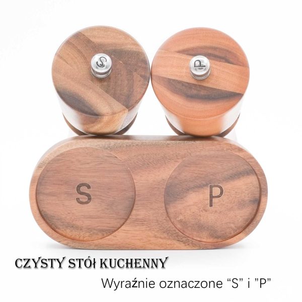 Drewniane młynki do soli i pieprzu z naturalnego drewna akacjowego z ozdobną tacką