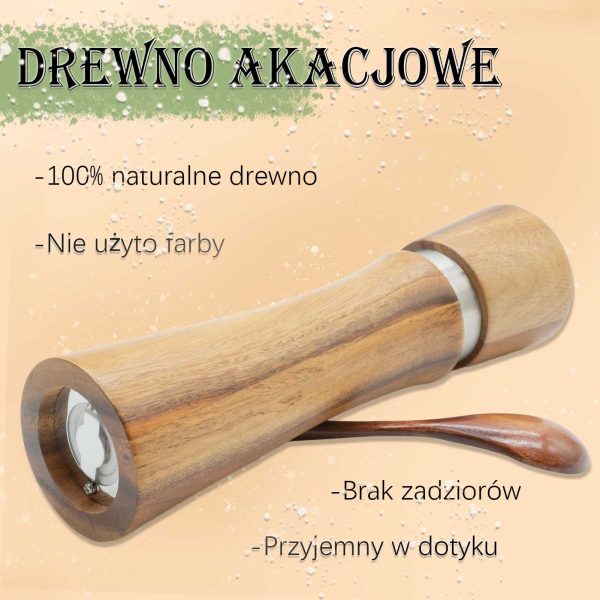 Drewniane młynki do soli i pieprzu z naturalnego drewna akacjowego z tacką, drewnianą łyżką i eleganckim pudełkiem prezentowym.