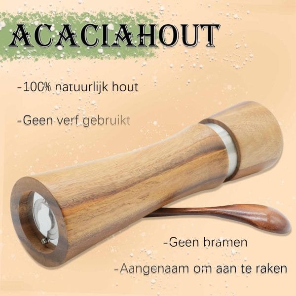 Acaciahouten peper- en zoutmolen set in luxe geschenkdoos met houten lepel en basis – natuurlijke houtnerf & keramische maalsteen