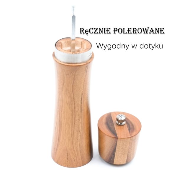 Drewniane młynki do soli i pieprzu z naturalnego drewna akacjowego z ozdobną tacką