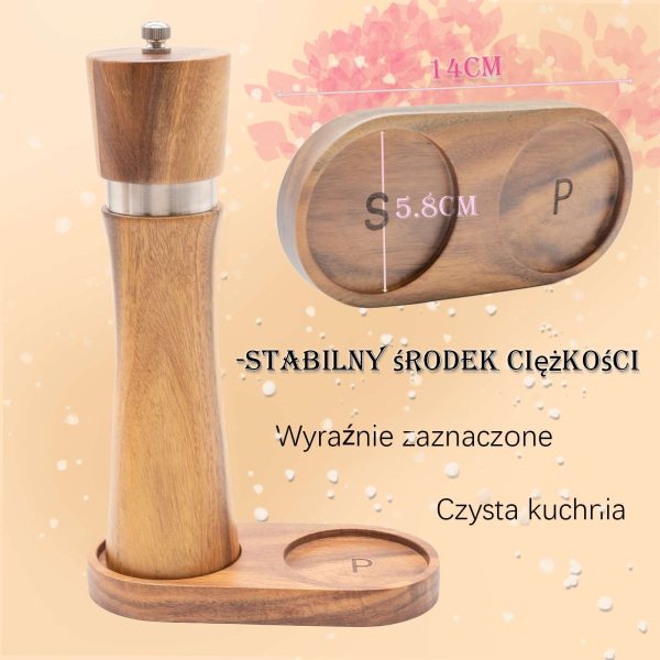 Drewniane młynki do soli i pieprzu z naturalnego drewna akacjowego z tacką, drewnianą łyżką i eleganckim pudełkiem prezentowym.