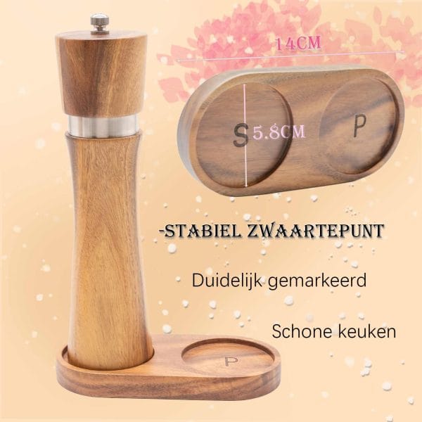 Acaciahouten peper- en zoutmolen set in luxe geschenkdoos met houten lepel en basis – natuurlijke houtnerf & keramische maalsteen