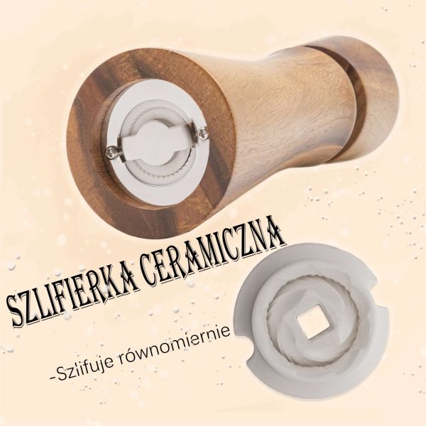 Drewniane młynki do soli i pieprzu z naturalnego drewna akacjowego z tacką, drewnianą łyżką i eleganckim pudełkiem prezentowym.
