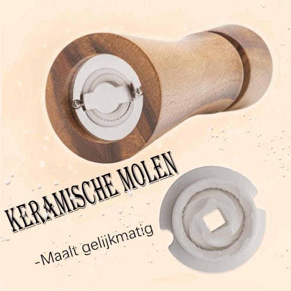 Acaciahouten peper- en zoutmolen set in luxe geschenkdoos met houten lepel en basis – natuurlijke houtnerf & keramische maalsteen