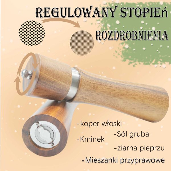 Drewniane młynki do soli i pieprzu z naturalnego drewna akacjowego z tacką, drewnianą łyżką i eleganckim pudełkiem prezentowym.