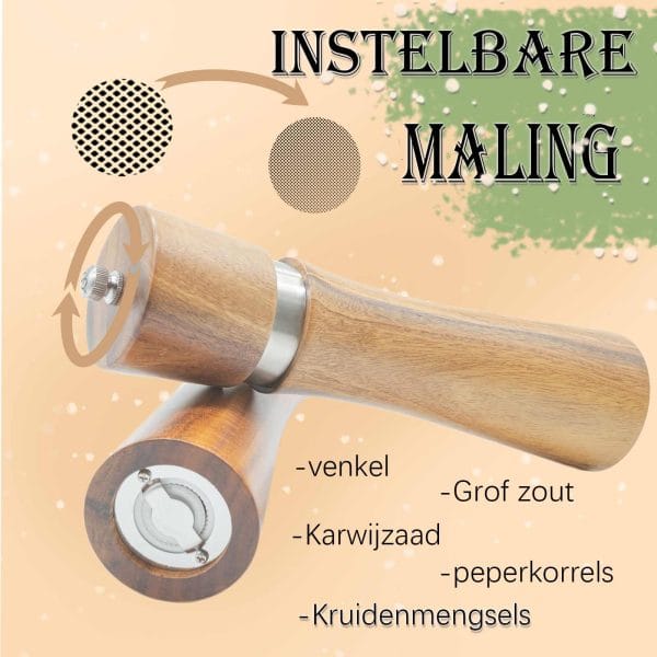 Acaciahouten peper- en zoutmolen set in luxe geschenkdoos met houten lepel en basis – natuurlijke houtnerf & keramische maalsteen