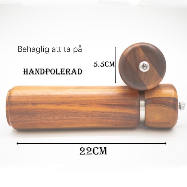 22 cm akacietræ salt- og peberkværn på naturfærdig træbakke med keramisk kværnemekanisme