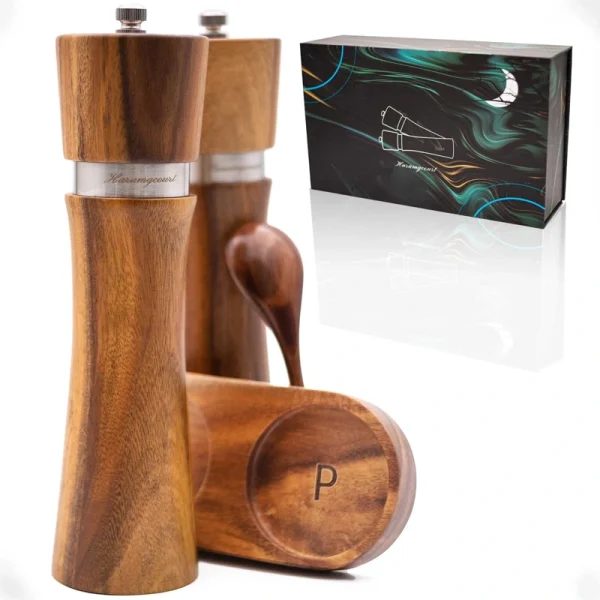 Gift box set of acacia wood salt and pepper grinders with ceramic mechanism, wooden tray, and included scoop - natural wood grain visible