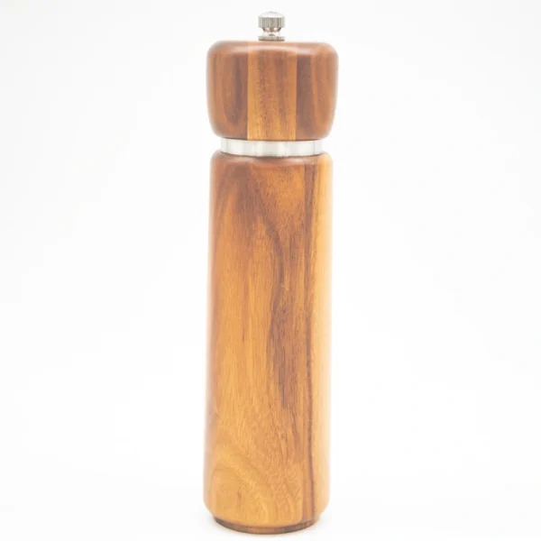 Acacia wood pepper grinder with ceramic grinding mechanism for salt and spices, showing natural wood grain texture