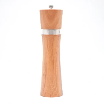 Acacia wood pepper grinder with ceramic grinding mechanism for salt and spices, showing natural wood grain texture