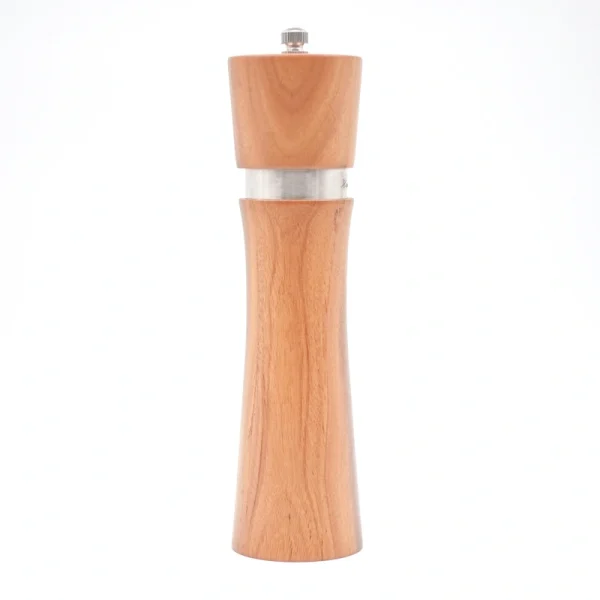 Acacia wood pepper grinder with ceramic grinding mechanism for salt and spices, showing natural wood grain texture