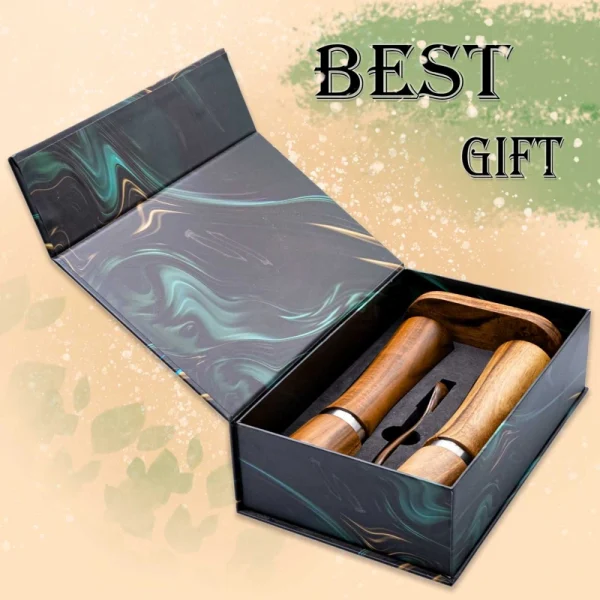 Gift box set of acacia wood salt and pepper grinders with ceramic mechanism, wooden tray, and included scoop - natural wood grain visible