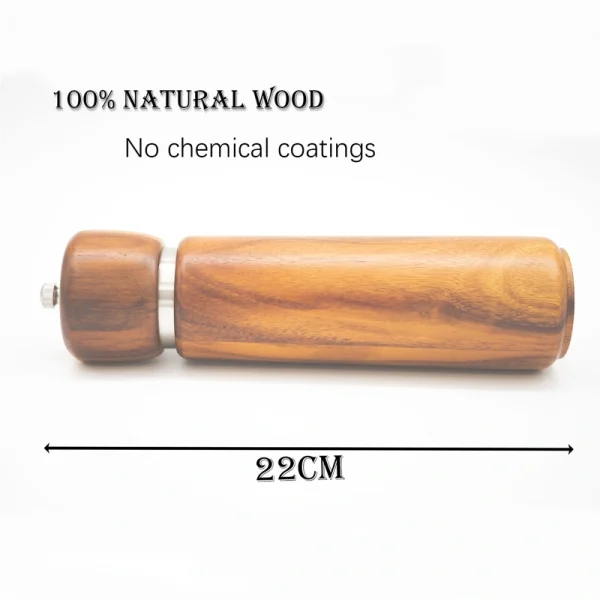 Acacia wood pepper grinder with ceramic grinding mechanism for salt and spices, showing natural wood grain texture