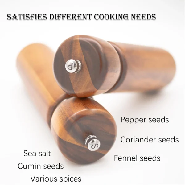 Acacia wood salt and pepper grinders with ceramic grinding cores, displayed on a matching wooden base.