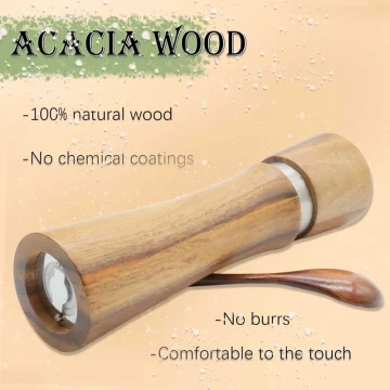 Gift box set of acacia wood salt and pepper grinders with ceramic mechanism, wooden tray, and included scoop - natural wood grain visible
