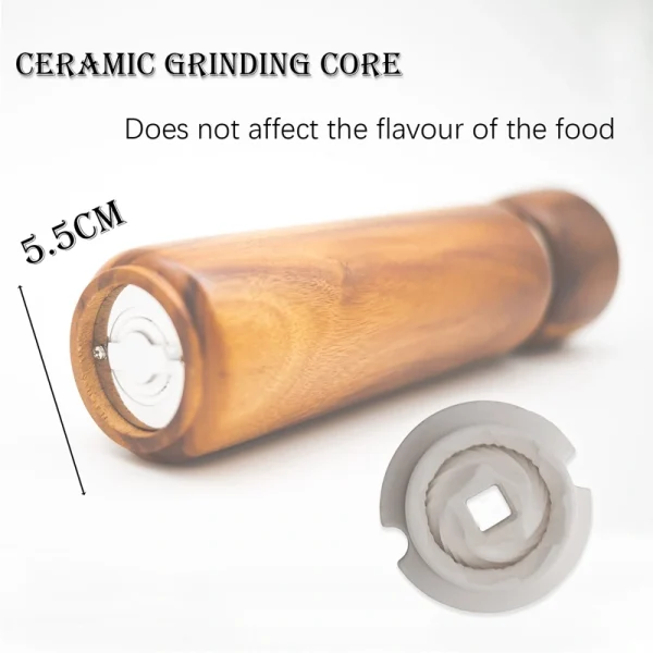 Acacia wood pepper grinder with ceramic grinding mechanism for salt and spices, showing natural wood grain texture