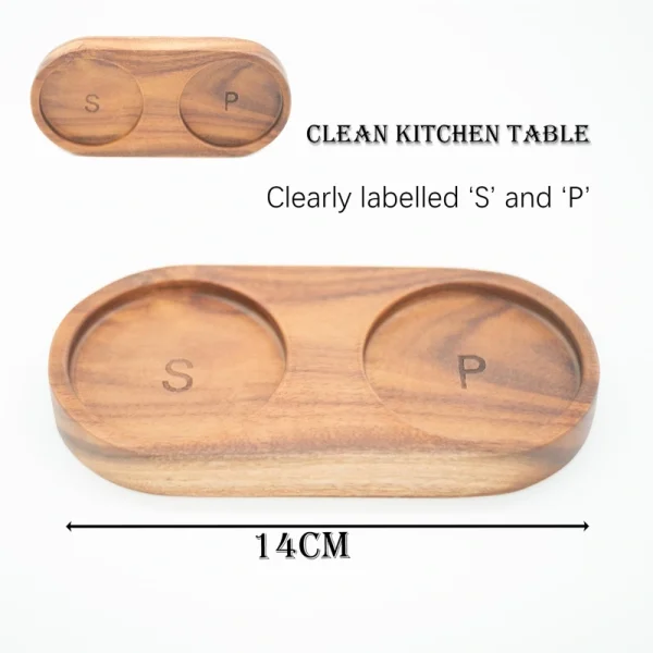 Acacia wood salt and pepper grinders with ceramic grinding cores, displayed on a matching wooden base.