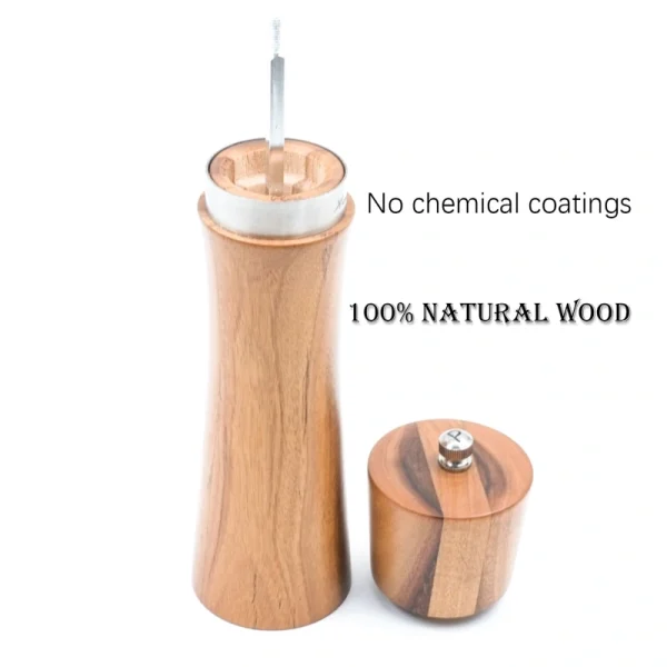 Acacia wood pepper grinder with ceramic grinding mechanism for salt and spices, showing natural wood grain texture