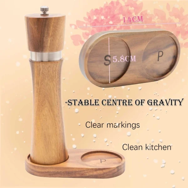 Gift box set of acacia wood salt and pepper grinders with ceramic mechanism, wooden tray, and included scoop - natural wood grain visible