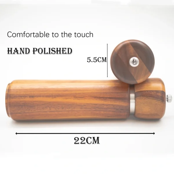 Acacia wood salt and pepper grinders with ceramic grinding cores, displayed on a matching wooden base.