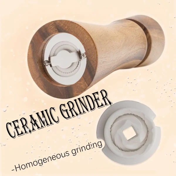 Gift box set of acacia wood salt and pepper grinders with ceramic mechanism, wooden tray, and included scoop - natural wood grain visible
