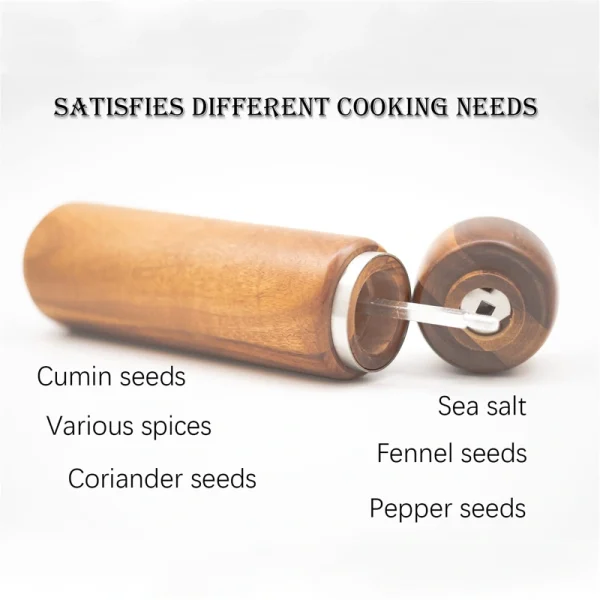 Acacia wood pepper grinder with ceramic grinding mechanism for salt and spices, showing natural wood grain texture