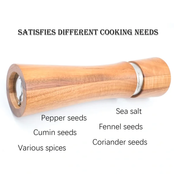 Acacia wood pepper grinder with ceramic grinding mechanism for salt and spices, showing natural wood grain texture