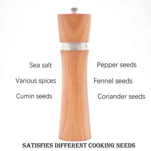 Handcrafted acacia wood salt and pepper grinders with ceramic mechanisms, displayed on a matching wooden tray with natural grain visible.