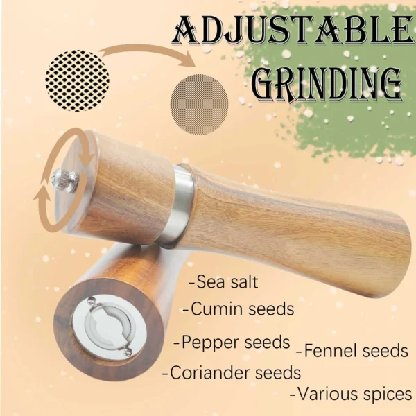 Gift box set of acacia wood salt and pepper grinders with ceramic mechanism, wooden tray, and included scoop - natural wood grain visible