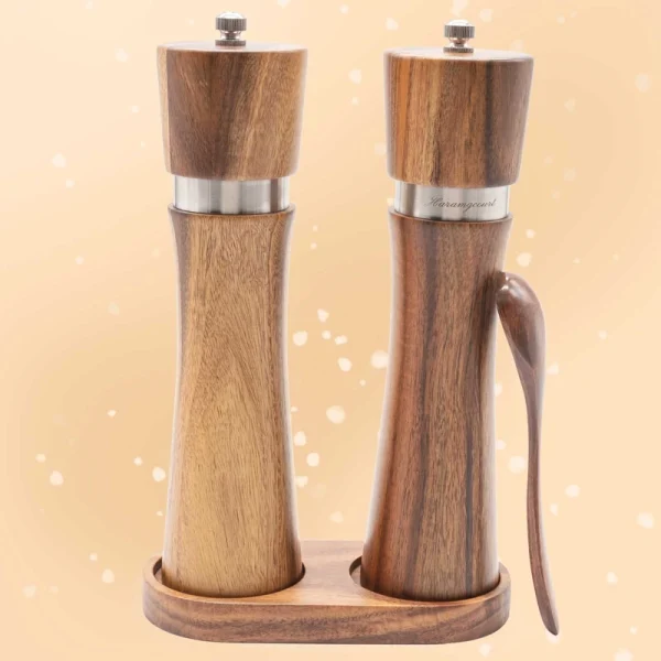 Gift box set of acacia wood salt and pepper grinders with ceramic mechanism, wooden tray, and included scoop - natural wood grain visible