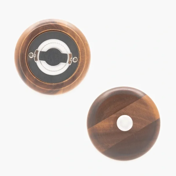 Acacia wood pepper grinder with ceramic grinding mechanism for salt and spices, showing natural wood grain texture