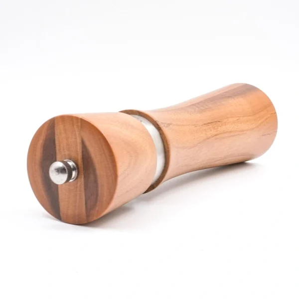 Acacia wood pepper grinder with ceramic grinding mechanism for salt and spices, showing natural wood grain texture