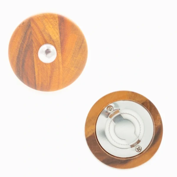 Acacia wood pepper grinder with ceramic grinding mechanism for salt and spices, showing natural wood grain texture.